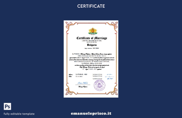 Certificato di matrimonio in stile verificato in Bulgaria. Modello Word e PDF